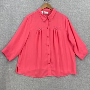 Vintage Kathy Che Blouse Womens 18/20W Plus Pink Sheer Button Up Top Jeweled